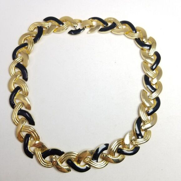 Vintage Gold Tone and Black Enamel Chunky Link Collar Necklace, 80s Style - Picture 2 of 8